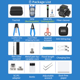 9 in 1 Fiber Optic Terminal kit with Rechargeable VFL 30KM Fiber Optic kit Blue Charging A-C710A Optical Power Meter FTTH Cold and hot Welding Black S-60C Fiber Cleaver with Waste Fiber Box