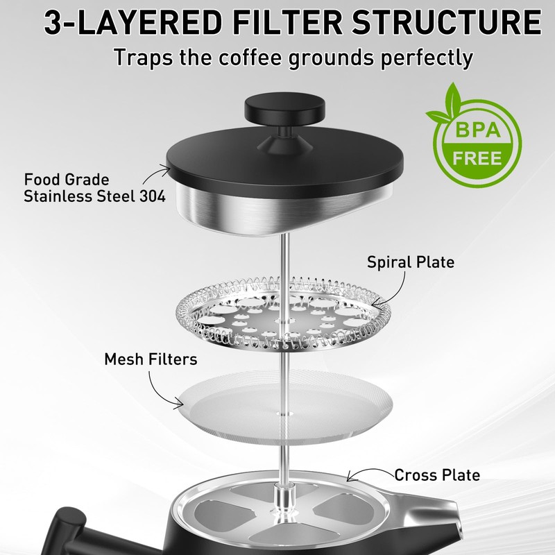 Secura 50oz French Press Coffee Maker – 304 Stainless Steel,