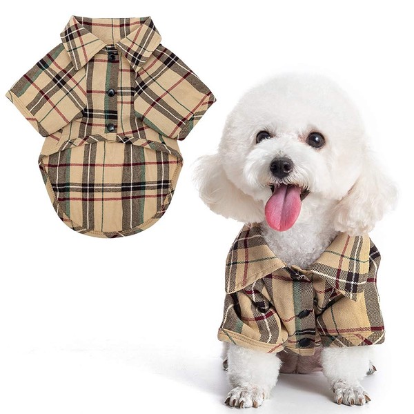 PUPTECK Plaid Dog Shirt, Cute Puppy Cat Polo T-Shirt, Soft Pet Clothes Boy for Small Medium Dogs