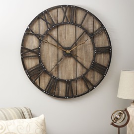 Household Essentials Large Oversized Decorative Rustic Wall Clock, Brown Wood/Black Metal