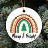 Leopard Rainbow Merry & Bright Flat Circle Ceramic Ornaments for