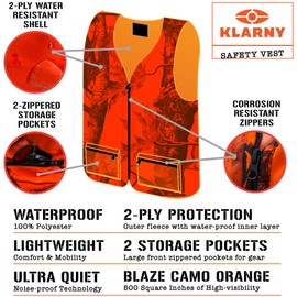 Klarny Outdoors Camo Orange Hunting Vest with Pockets - High Visibility, Waterproof, Ultra-Quiet Deer and Bow Gear Accessories, Size L