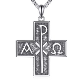 Lattd Chi Rho Cross Necklace 925 Sterling Silver Alpha Omega PX XP Symbol Cross Pendant Religious Jesus Christian Jewelry, w/Stainless Steel Chain 22"+2"