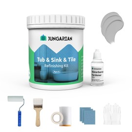 Jungarian Tub and Tile Refinishing Kit 17.5oz with Tools, Low Odor DIY Bathroom Paint Sink Tub Countertop Tile Shower Paint for Bathroom Kitchen Porcelain Fiberglass, Semi-Gloss Light Grey