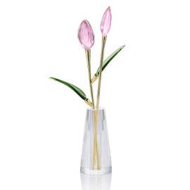 Movdyka Pink Crystal Tulips in Vase - Elegant Glass Tulips Flowers Home Decor for Mom Wife, Present for Women on Anniversary Wedding Birthday