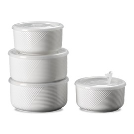 Adewnest Ceramic Nesting Bowls with Lid: Microwave Safe Food Storage Containers for Work Lunch Picnic Camping Meal Prep Soup Salad Cereal Leftovers - 5 & 6 Inch, 20 & 32 oz, Set of 4, White