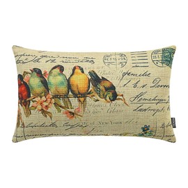 TRENDIN 20" X 12" Vintage Spring Colorful Birds on Flower Branch Linen Throw Waist Pillow Case Cushion Cover(PL097TR)