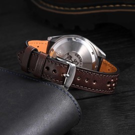 ANBEER Perforated Genuine Leather Watch Strap,20mm Luxurious Gloss Replacement Watch Band for Men and Women,Dark Brown