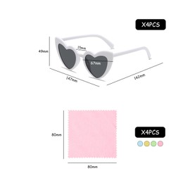 KRYMSON Pack of 4 Heart-Shaped Sunglasses, Comes with 4 Pieces Glasses Cloth, Resin Lenses, Fashionable Heart-Shaped Sunglasses, Heart Shaped Party Glasses, Anti-UV Sunglasses (White)