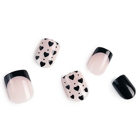 Valentine's Day Square Press on Nails Medium- Black French Tip Press on Nails Black Love Heart Design Fake Nails Natural Fit Full Cover False Nails Stick on Nails for Women Girls, 12 Sizes, 24PCS