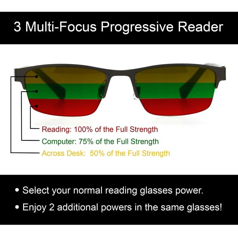 PASTL Multi Focus Progressive Reading Sunglasses 3 in 1 Reader