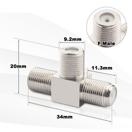 Kaunosta F Type Splitter 3 Way F-Type Female to 2 Female RG6 Coaxial Cable Splitter T-Shape 2 in 1 Out Coaxial Connector Combiner for TV Video VCR Antenna TV Cable Satellite Tuner Antenna 2Pcs