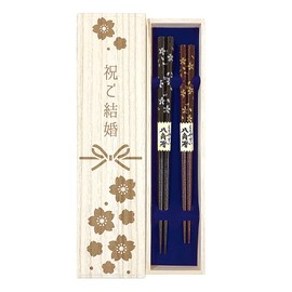 Husband and Wife Chopsticks Octagonal Sakura Black Red Dishwasher Safe Design Paulownia Box with Wrapping for Wedding Celebration Wedding Celebration Present Gift (Paulownia Box Design 1)
