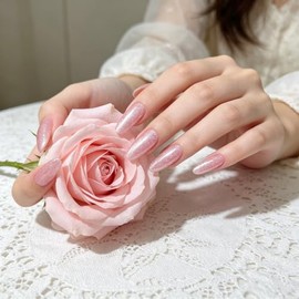 Uñas postizas almendradas medianas-largas, uñas almendradas cortas puntiagudas con recubrimiento UV, uñas ojo de gato brillantes de calidad profesiona