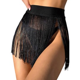 EVELUST Womens Fringe Trim Mini Skirts - Cowgirl Western Festival Outfits Rave Bottoms Beach Tassel High Waisted Cover Up(Black,S,1117e)