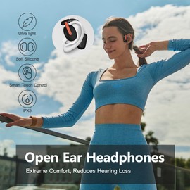 Roujune Open Ear Headphones, Bluetooth 5.3 Wireless Earbuds with Ear Hooks, HiFi Sound Earphones with 4 ENC Clear Calls Mic, Over-Ear Air Conduction Tech for Sports, IPX5 Waterproof with Touch Control