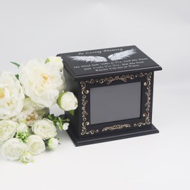 Wooden Urn Box for Ashes Cremation Urns for Human Ashes Adult Male or Female, Memorial Keepsake Urns with Photo Frame, Funeral Casket for Men Women, Burial Urn for Adults Up to 200 IBS-Wing