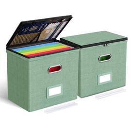 Oterri 2 Pack File Organizer Boxes with Lids, File Box with Mesh Pockets, Document Organizer Box for File Folders Letter Size, Zippers Filing Box for Home, Office, School (Green, Without Folders)