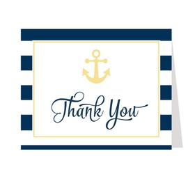 Nautical Thank You Cards Bridal Shower Wedding Anchored In Love Navy Blue Yellow Stripes Sea Sailing Sailor Thanks Stationary (24 count)