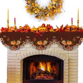Simhomsen Coffee Brown Embroidered Thanksgiving Harvest Pumpkins Mantel Shelf Top Scarf Runner for Autumn or Fall Decorations (Mantel Scarf 70 × 17 Inches)