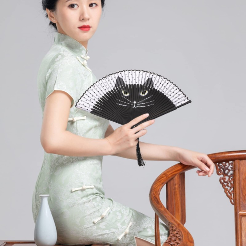Black Cat Folding Fan - Cartoon Cat Handheld Bamboo Silk
