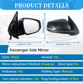 Black Right Passenger Side Mirror Replacement For Toyota Tacoma 2016-2022-Power Glass,Heated,Manual Folding,Turn Signal, Blind Spot Detection For Tacoma Side Mirror#TO1321350(8Pins)
