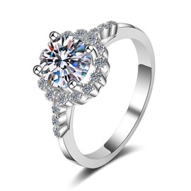 Moissanite Engagement Rings for Women Promise Rings for her 925 Sterling Silver plated with 18K White Gold 1.0ct D Color VVS1 Clarity Round Cut Moissanite Ring with Certificate of Authenticity, silver, na-