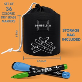 Scribbledo 36 Pack Dry Erase Markers Fine Tip Assorted Classic Colors Whiteboard Markers with Eraser Cap Thin Low Odor Skinny White Board Markers for Kids Adults Students Teachers Home School & Office