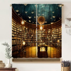 Magic Library Curtains, Bright Bookshelf Under Mysterious Nebula Starry Sky, Blackout Rod Pocket Window Treatments for Living Room Reading Room Bedroom (21x45in) x2 Panels