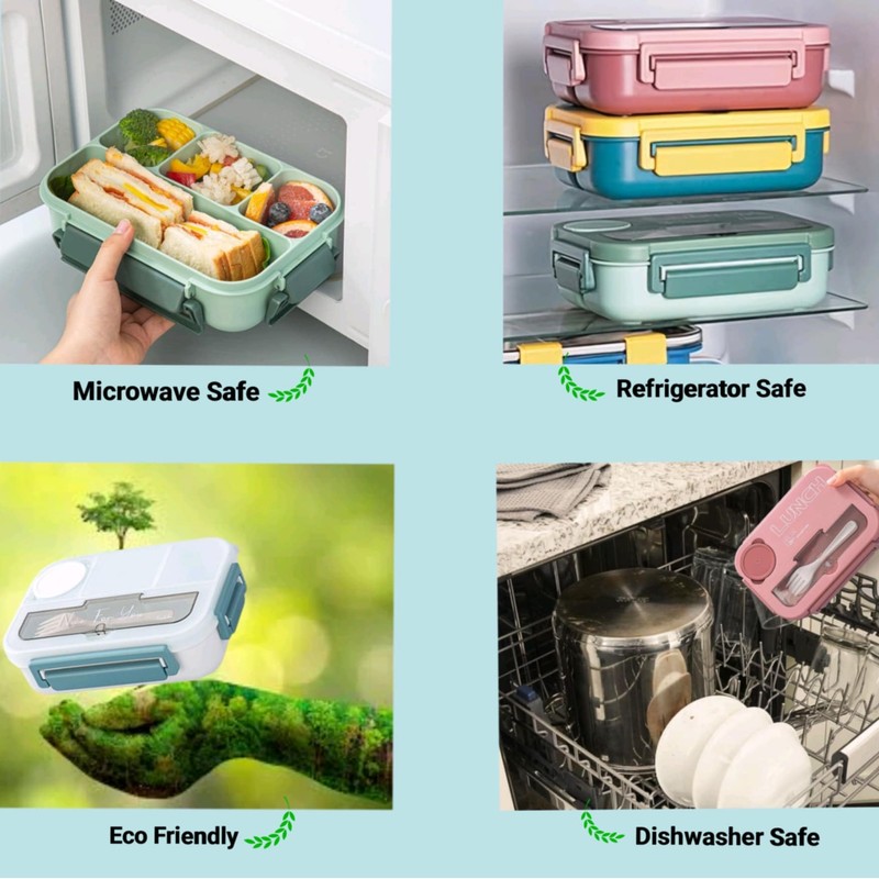 1.3L 4 Compartment Insulated Portable Plastic Bento Lunch Box, Microwaveable,