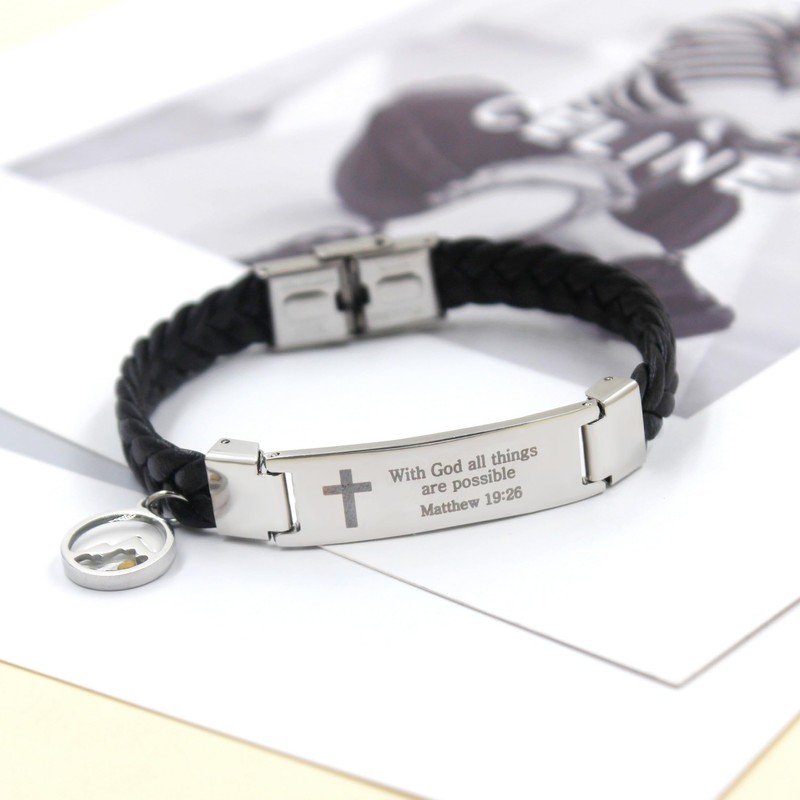 Oneress Men's PU Leather Faith Bracelet, Religious Scripture Bracelets With