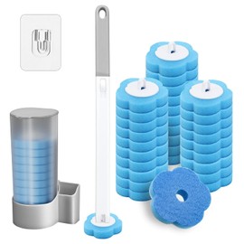 Juego de Cepillo Desechable para Inodoro con 30 Cabezales Repuesto + Soporte - Cepillo Limpiador para Inodoro Montado para Baños - Trae tu Propia Solución Limpiadora(con Ganchos para Pared) (A)