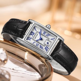 MASTOP Vintage Rectangle Women's Dress Watch with Leather Strap Classic Ladies Analog Quartz Business Watches Ultra-Thin Ladies Bangle Bracelet Watch Female (A Black Silver)