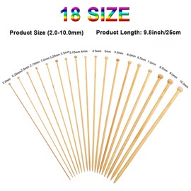 NANXJIUR 36 Pcs Single Point Bamboo Knitting Needles, 18 Sizes Bamboo Knitting Needles Set for Beginners Knitting Crochet Straight Wood Needles (25cm/9.8Inch)