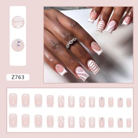 Press on Nails Square French Tip 24Pcs Glossy Full Cover Artificial White Medium Fake Nails with Line Designs Coffin Acrylic False Nails Sets Glue Stick on Fingernails with Charm for Women