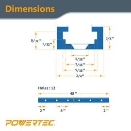 POWERTEC 71855 48 Inch x4 Universal T track with 4 Pcs Hold Down Clamp, Double-Cut Profile T track with Predrilled Mounting Holes & 5-1/2” L x 1-1/8” W T track Clamps