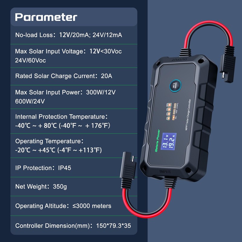 20A 12V/24V MPPT Wireless Solar Charge Controller, Bateria Power Intelligent