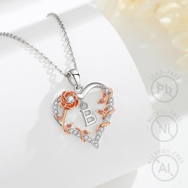 EUDORA Rose Heart Initial B Necklace for Women Letter B Alphabet Initial Necklaces Copper Rhodium Plated Pendant with Cubic Zirconia, Initials Jewelry Gifts for Women Wife 18"