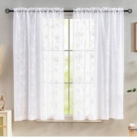 White Sheer Curtains Embroidery 63 Inch Length Rod Pocket Voile Drapes for Living room, Bedroom, Window Treatments Semi Flower Pattern Curtain Panels for Kitchen, Yard, Farmhouse, Set of 2, 52"x 63".