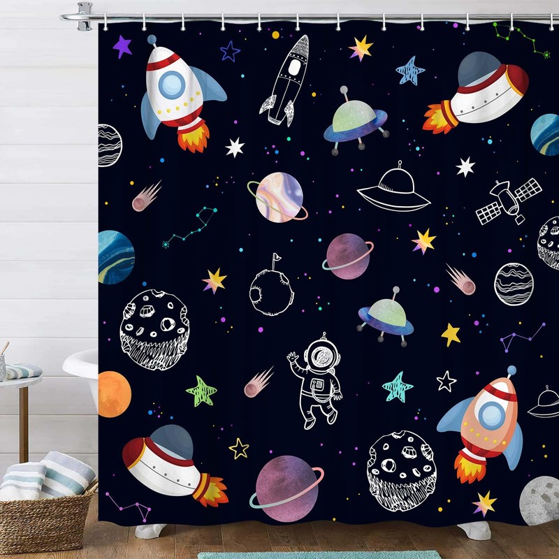 Outer Space Shower Curtain for Kids, Funny Cartoon Rocket Planet
