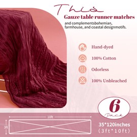 Pesonlook 6 Pack Burgundy Cheesecloth Table Runner 10FT, 35x120 Inch Rustic Gauze Fabric Boho Table Runner for Wedding Baby Shower Birthday Bridal Party Decorations Table Decorations(Burgundy)