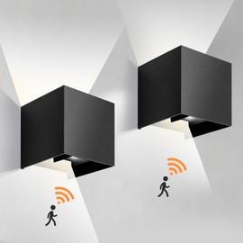 RIIGOOG 2-Pack Outdoor Wall Lights, Modern Square Up and Down Lights Outdoor Wall Lights IP65 Waterproof Aluminum Sconces with Motion Sensor 10W 3000K LED Outdoor Lighting Fixture for Porch Patio