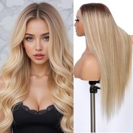 ORIGEN Ombre Medium Brown Lace Front Wigs with Baby Hair for Black Women Human Hair Pre Plucked 13x6 Lace Frontal Glueless Wig Dark Roots to Ash Blonde Mixed Light Blonde Color 180% Density 24 Inch