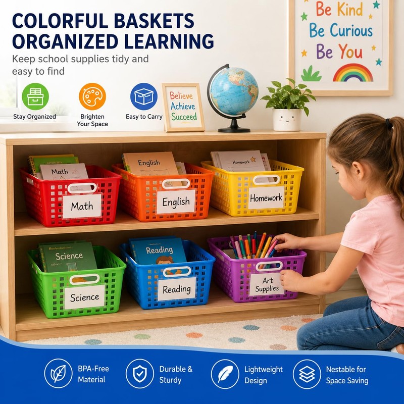 Bafeil 6 Pack Plastic Classroom Storage Baskets, Organizer Bins with