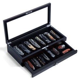 Bonaking Knife Display Case Two-Tier Pocket Knife Case Box Storage for 15-17 Pocket Knives Pocket Knife Collection Case Organizer for Men Gift (Ebony veneer 17 slot)
