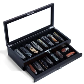 Bonaking Knife Display Case Two-Tier Pocket Knife Case Box Storage for 15-17 Pocket Knives Pocket Knife Collection Case Organizer for Men Gift (Ebony veneer 17 slot)