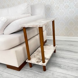 Narrow Small Places Faux Marble Top Modern Side Table for Couch Living Room, Slim Minimalist End Table 2 Tier with Open Shelf Nightstand for Bedrooms, Snack Tray, TV Manual (White Marble, Wide, 10")