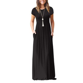 AUOMITH Women’s Short Sleeve A Line Black Maxi Casual Empire Waist Long Dress with Pockets(Black, XL)
