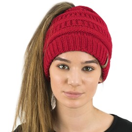 TOSKATOK® Women's Ladies’ Plain Ponytail Messy Bun Ribbed Winter Beanie Hat Cap Hair Hairband -