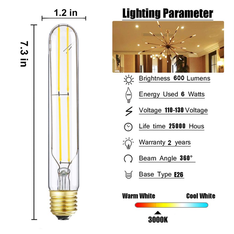 T10 Led Bulb,Dimmable 6W Led Tubular Bulbs, Soft White 3000K,